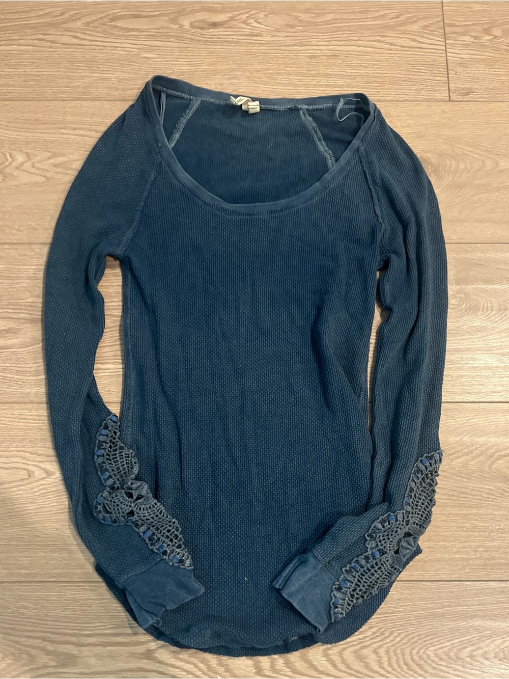 Free People Navy Waffle-Knit Long Sleeve Top with Crochet Cuffs